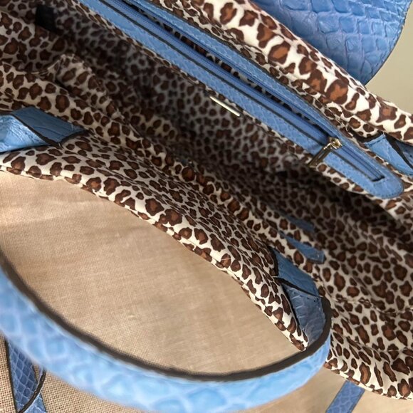 Vintage Guess Blue Logo Straw Tote with Leopard Trim - Picture 2 of 5